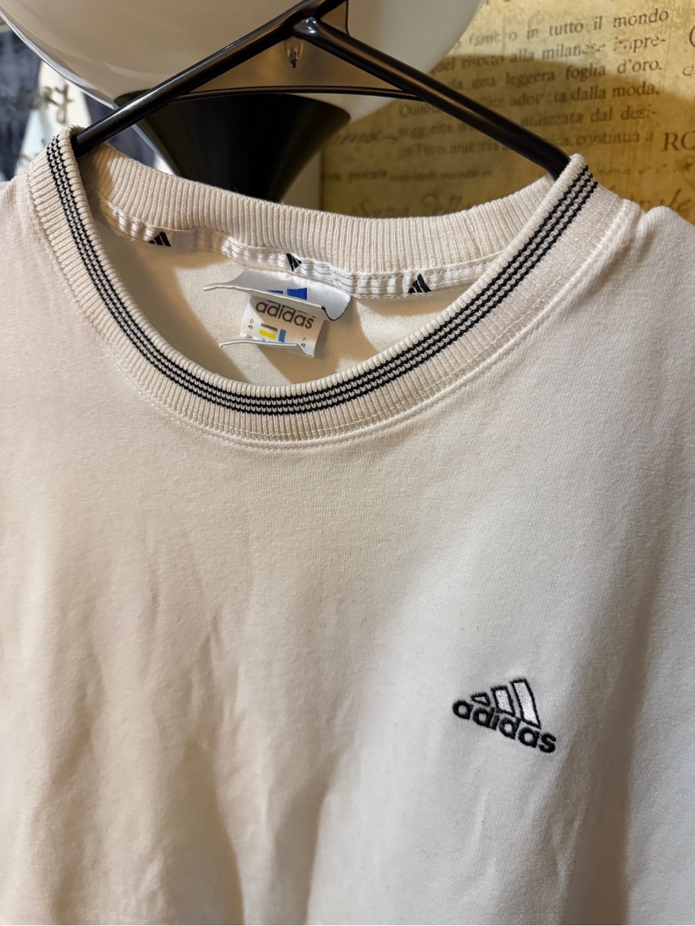 adidas Men’s White Crewneck shirt with Black Logo and Collar Stripes